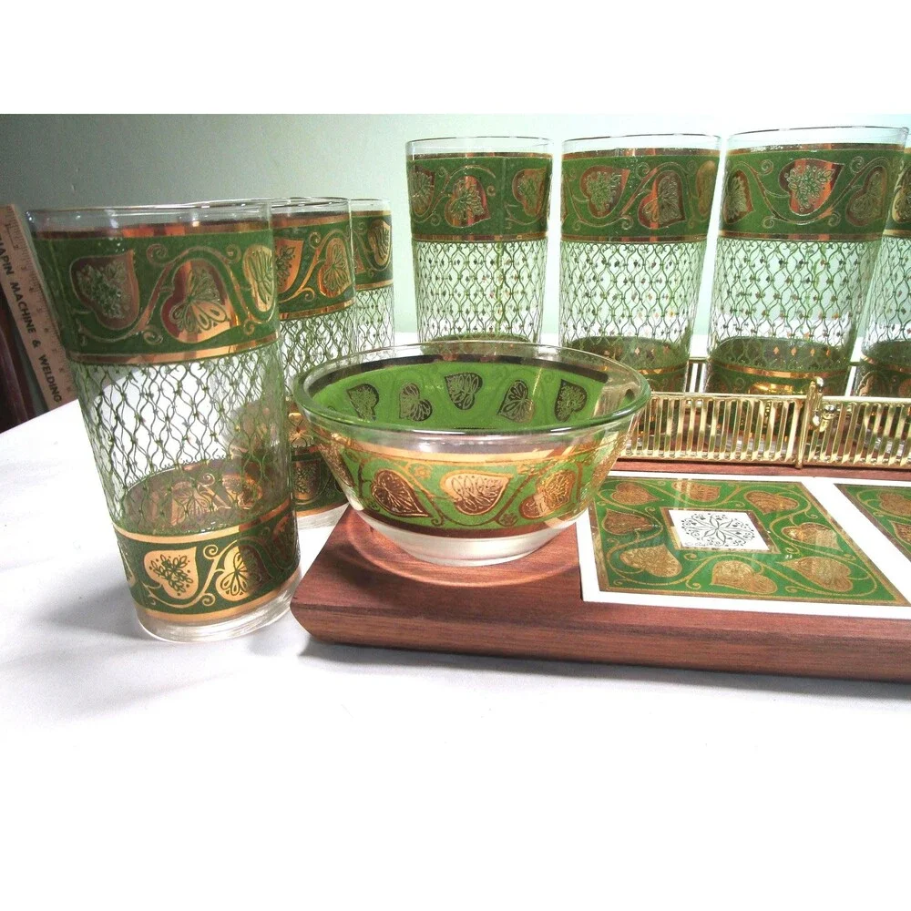 1960s Culver Highball Set, 8 Tumblers, 2 Bowls, Wood Tray, 22k Gold
